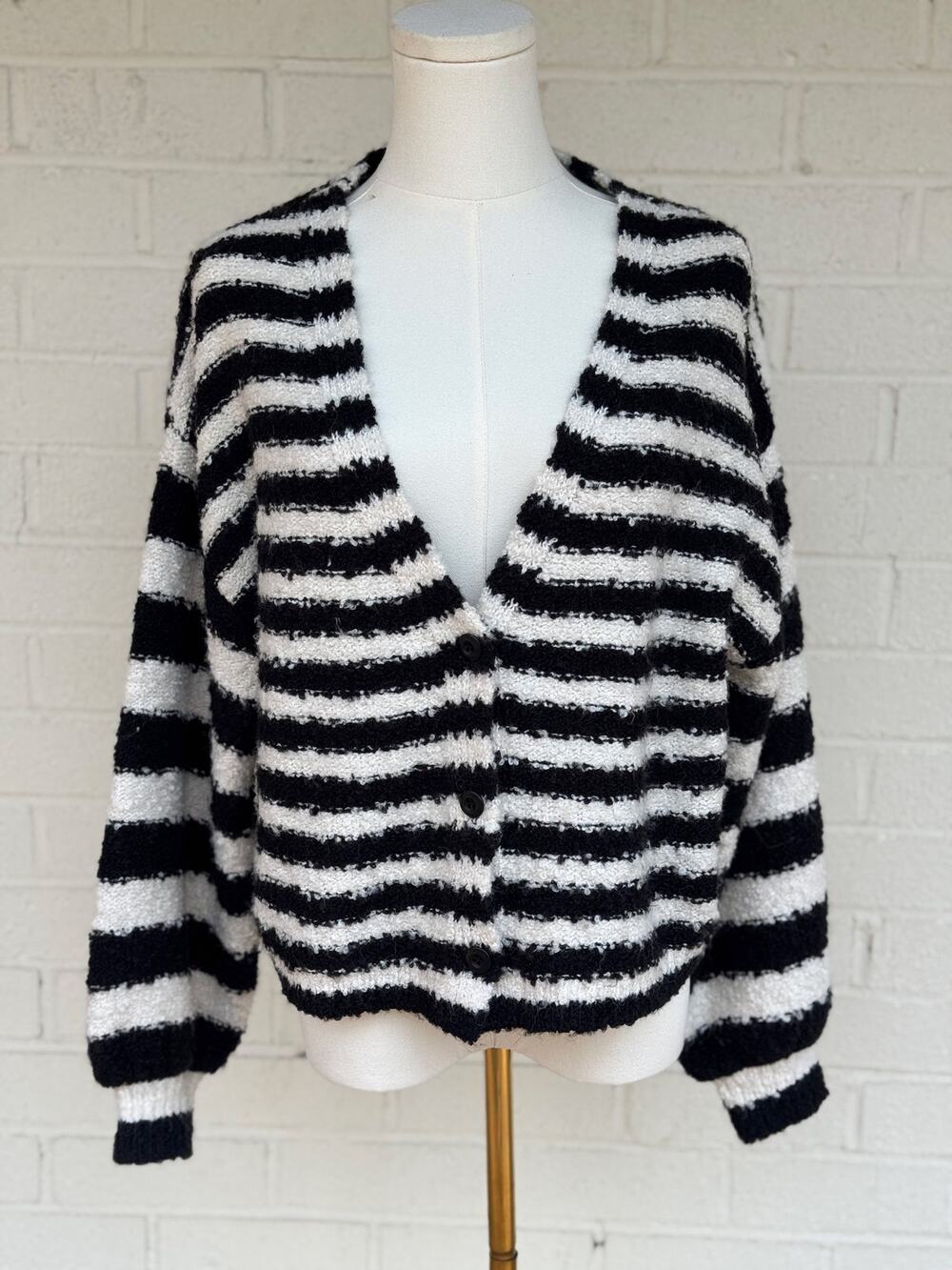 Saltwater Luxe Breton Scout Cardigan Sweater M Black White Stripe Button Front